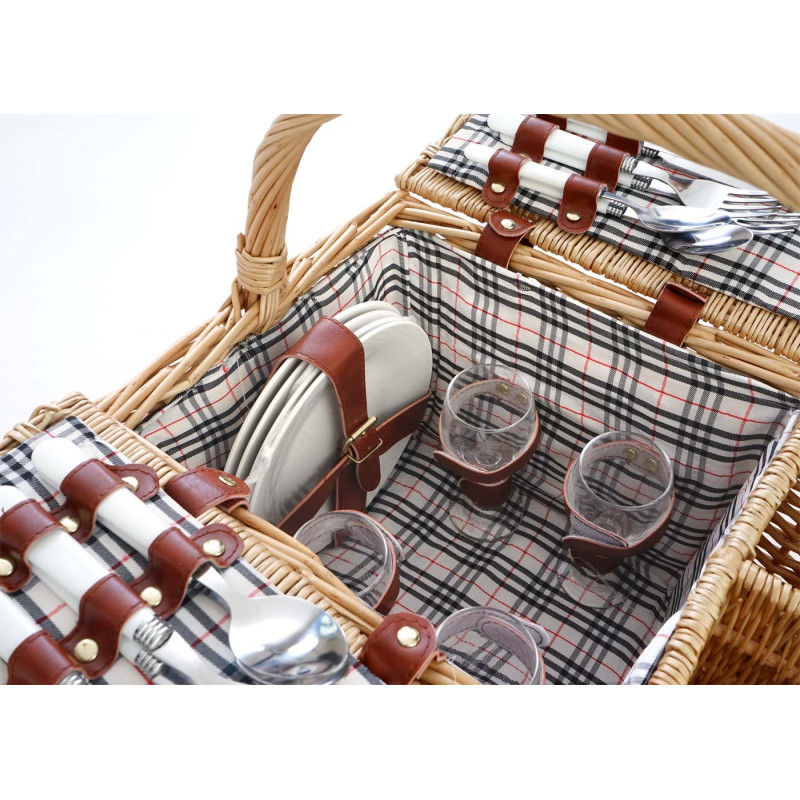 Panier de pique-nique, set pour 4 personnes, sac, porcelaine, verre, noir / rouge