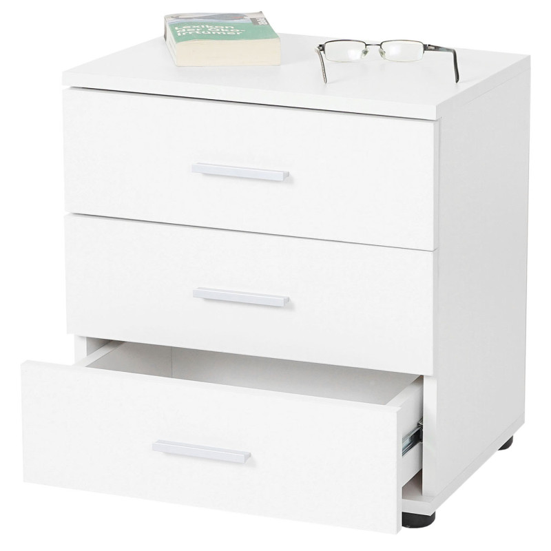 Commode Pavia, table / armoire de chevet, 3 tiroirs 50x45x34cm - blanc