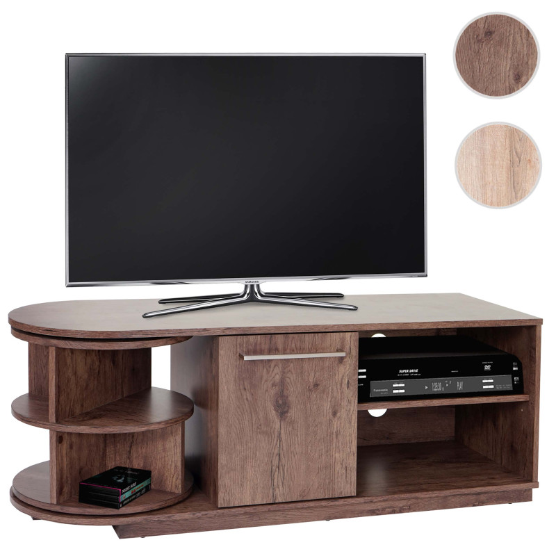 Meuble bas TV Arau, rack TV, table de télévision avec élément rotatif, 120x45x40cm - aspect chêne structure 3D