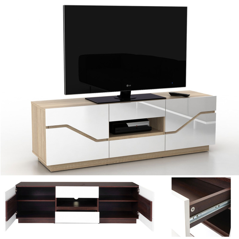Table basse de télévision Torquay, rack TV, structure 3D, poli fin, 149x49x42cm - aspect chêne foncé