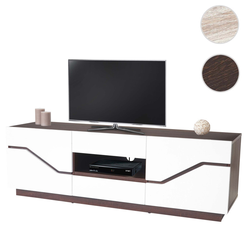 Table basse de télévision Torquay, rack TV, structure 3D, poli fin, 149x49x42cm - aspect chêne foncé