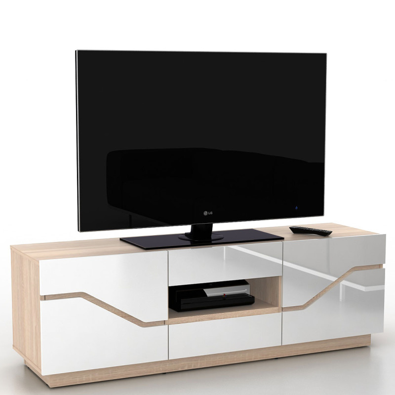 Rack TV Torquay, buffet, table basse, structure 3D, poli fin, 149x49x42cm - aspect chêne