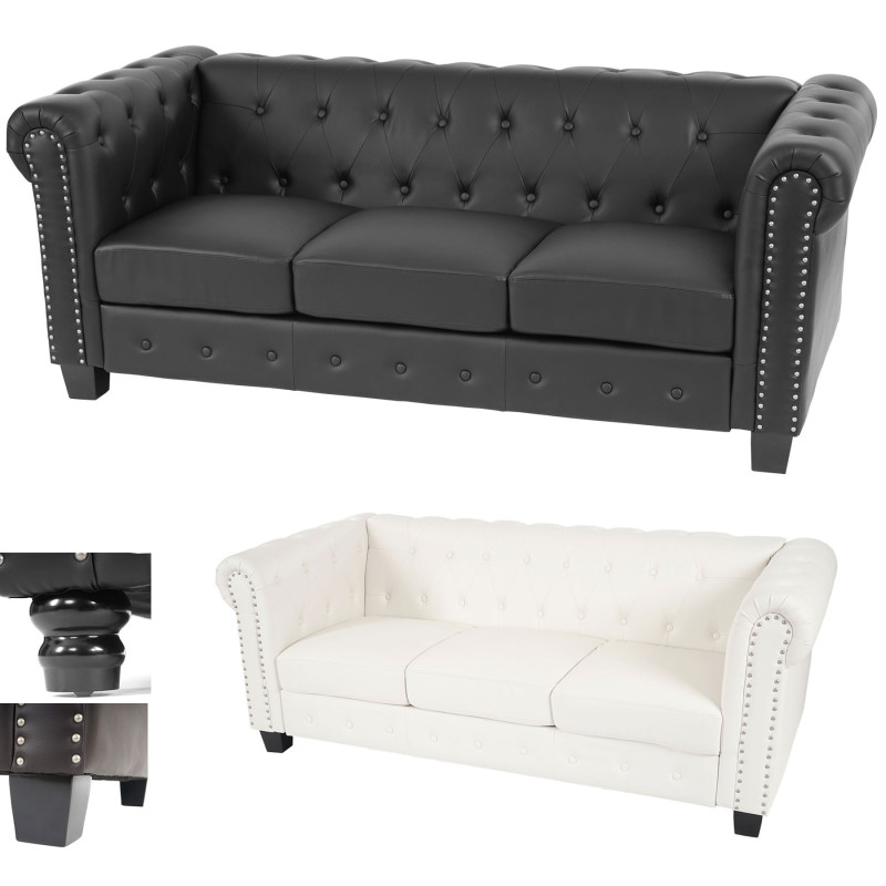 Canapé pour 3, sofa de salon Chesterfield, similicuir - pieds ronds, blanc