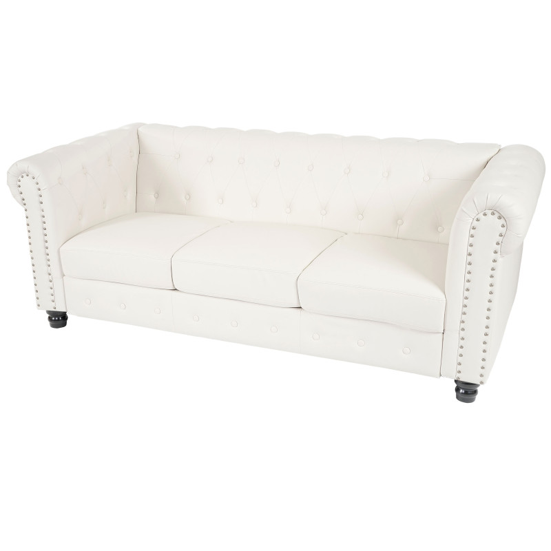 Canapé pour 3, sofa de salon Chesterfield, similicuir - pieds ronds, blanc