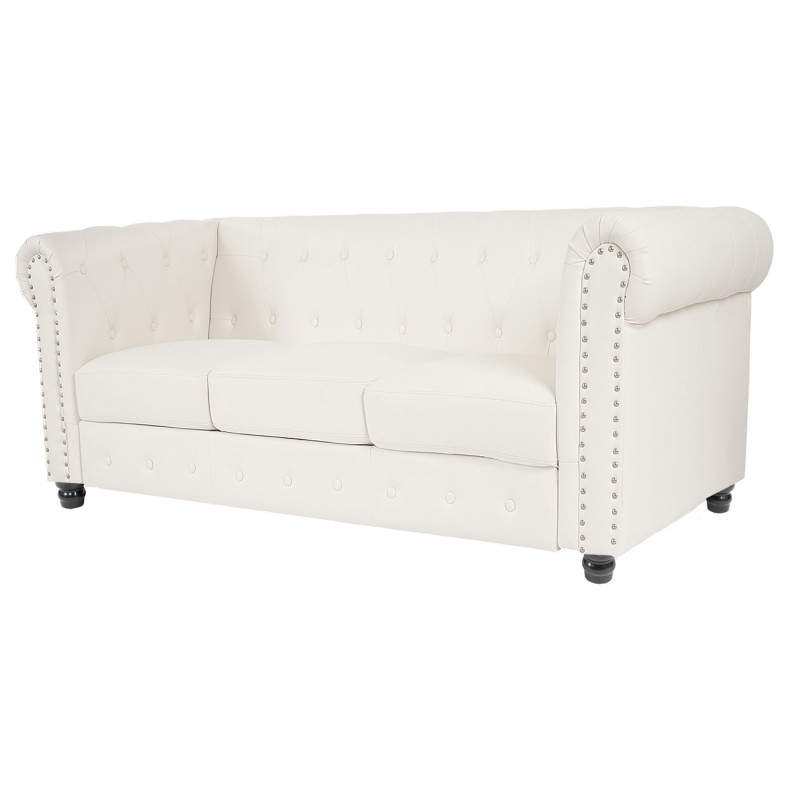 Canapé pour 3, sofa de salon Chesterfield, similicuir - pieds ronds, blanc