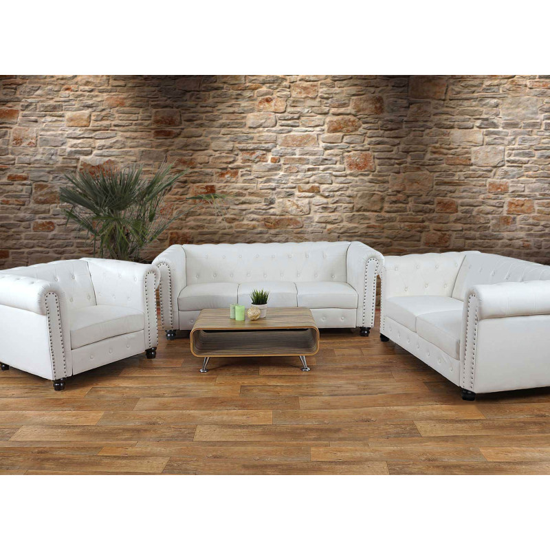 Canapé pour 3, sofa de salon Chesterfield, similicuir - pieds ronds, blanc