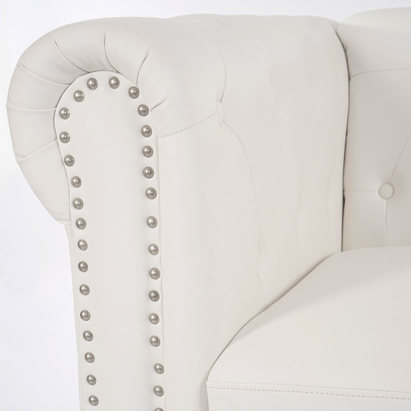 Canapé pour 3, sofa de salon Chesterfield, similicuir - pieds ronds, blanc