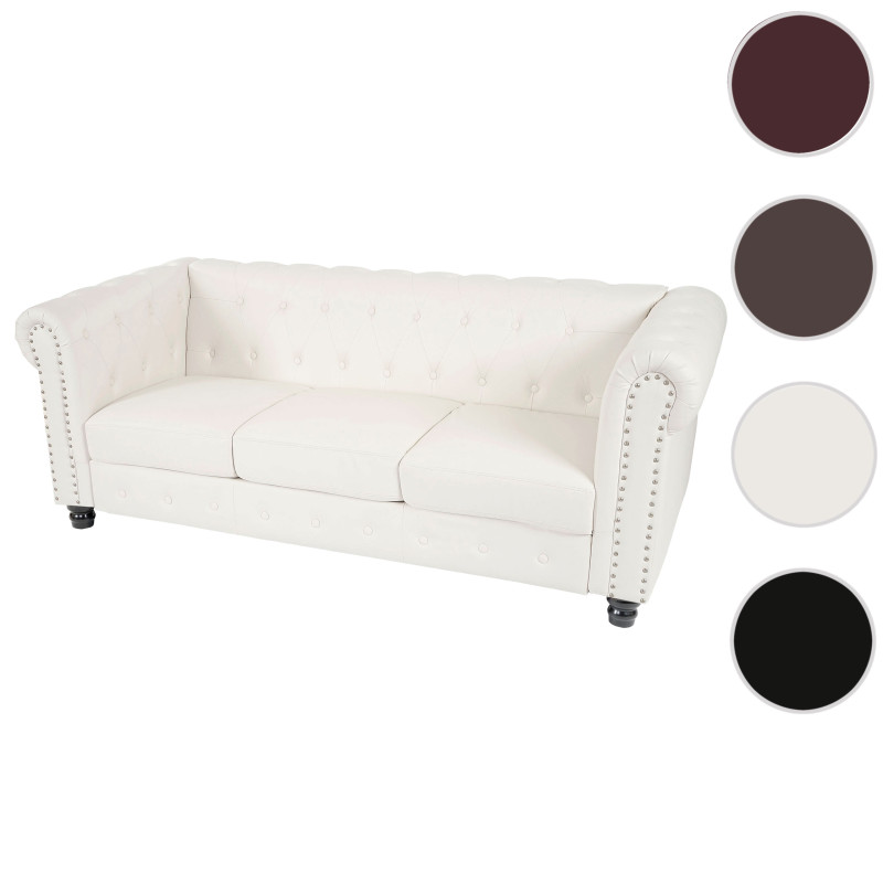 Canapé pour 3, sofa de salon Chesterfield, similicuir - pieds ronds, blanc