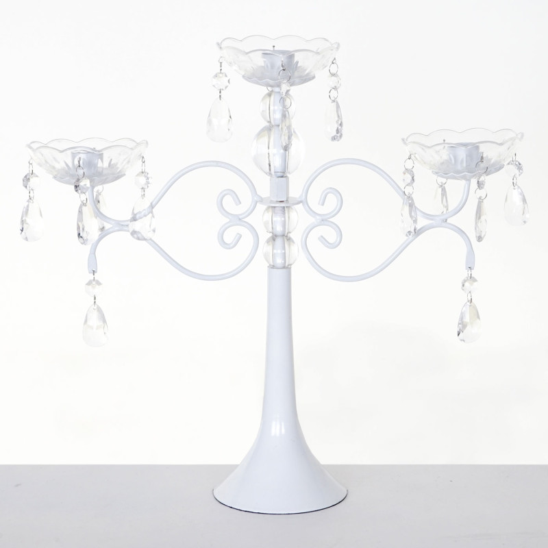 Bougeoir cristal, chandelier, candélabre, acrylique, à 3 branches 37x40x40cm - blanc