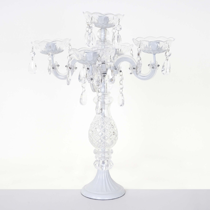 Bougeoir cristal, chandelier, candélabre, acrylique, à 5 branches 44x35x35cm - blanc