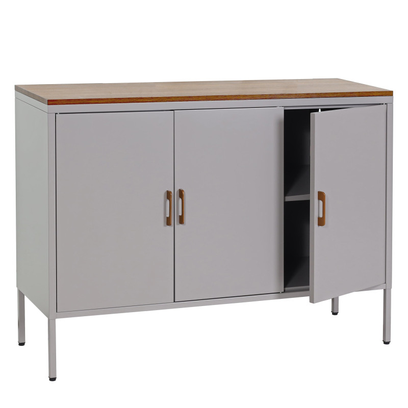 Commode Buffet armoire, 3 portes métal 90x120x40cm, mélaminé - gris