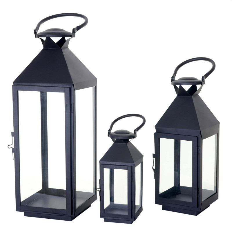 Lot de 3 lamparos Glasgow, lampe tempête, lanterne de jardin, hauteur 53/38/25cm - noir