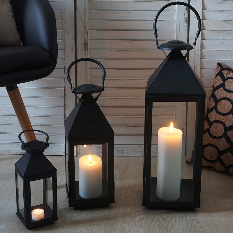 Lot de 3 lamparos Glasgow, lampe tempête, lanterne de jardin, hauteur 53/38/25cm - noir