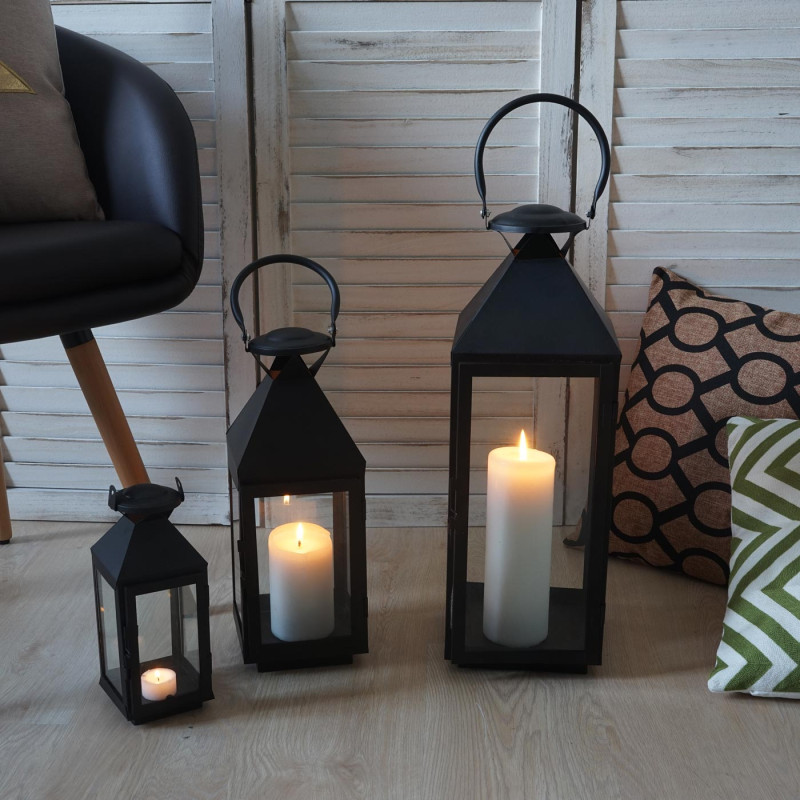 Lot de 3 lamparos Glasgow, lampe tempête, lanterne de jardin, hauteur 53/38/25cm - noir