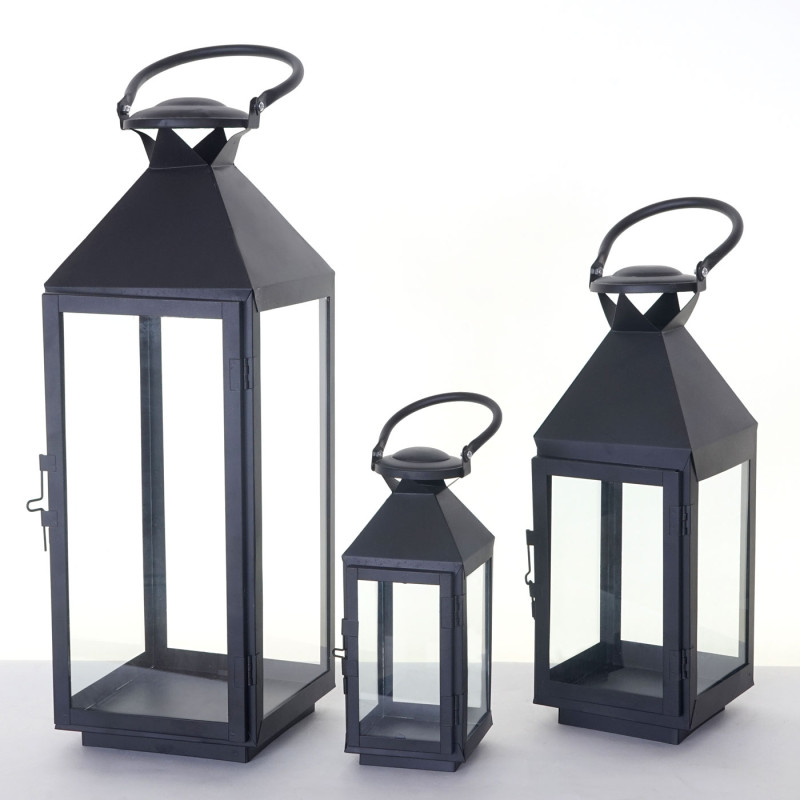 Lot de 3 lamparos Glasgow, lampe tempête, lanterne de jardin, hauteur 53/38/25cm - noir