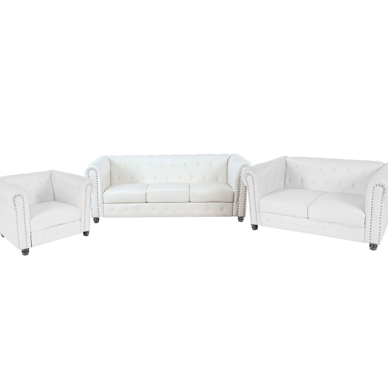 Salon de luxe 3-2-1, garniture de canapés Chesterfield, similicuir - pieds ronds, blanc