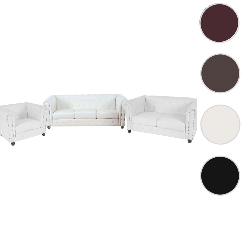 Salon de luxe 3-2-1, garniture de canapés Chesterfield, similicuir - pieds ronds, blanc