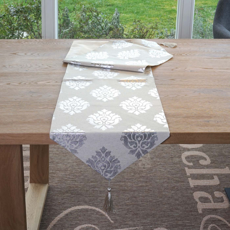 2x chemin de table, baroque, nappe, décoration de table, surnappe, beige argent, effet brillant - 180x33cm