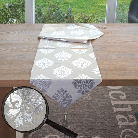 Chemin de table, baroque, nappe, décoration de table, surnappe, beige argent, effet brillant - 180x33cm