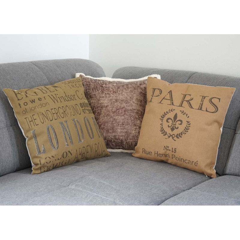 Lot de 3 coussins de décoration, London + Paris + aspect daim, coussins avec bourrage, 45x45cm