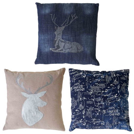 Lot de 3 coussins de décoration, cerfs + écriture, coussins avec bourrage, 45x45cm