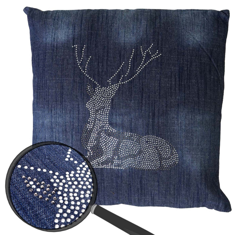 Coussin de décoration, cerf, coussin avec bourrage, bleu avec pierres scintillantes, 45x45cm