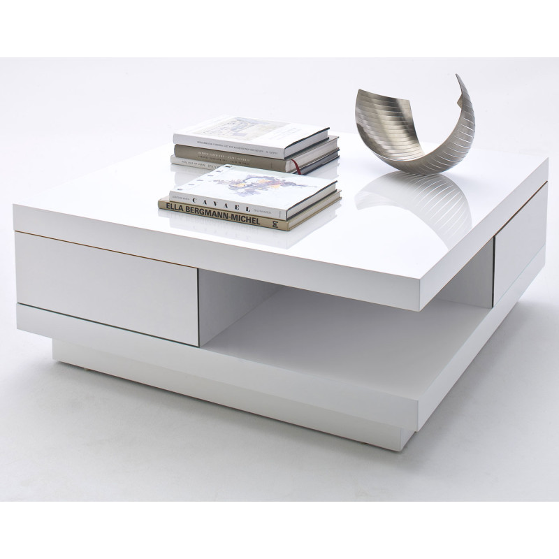 MCA table basse de salon Abby, desserte avec tiroirs, poli fin, blanc, 30x85x85cm