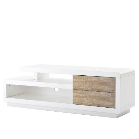 MCA rack TV Cosima, table basse de télévision avec tiroirs, poli fin, blanc, 45x142x40cm - chêne