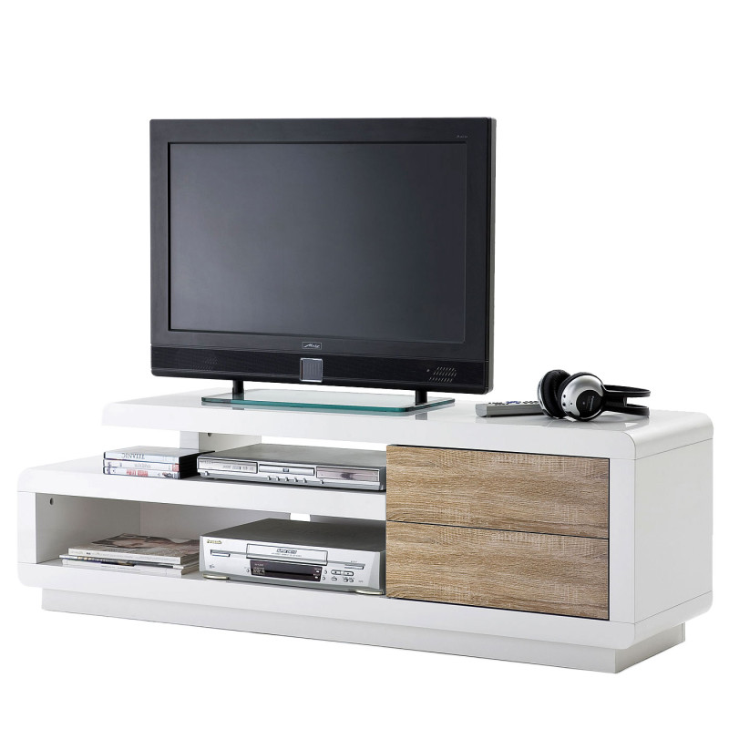 MCA rack TV Cosima, table basse de télévision avec tiroirs, poli fin, blanc, 45x142x40cm - chêne