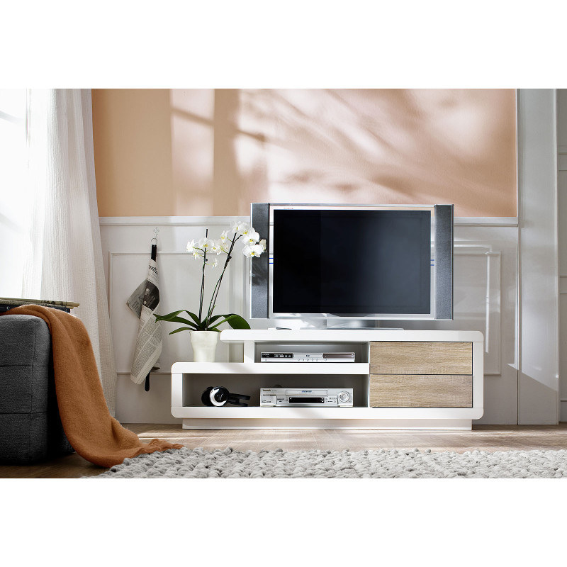 MCA rack TV Cosima, table basse de télévision avec tiroirs, poli fin, blanc, 45x142x40cm - chêne