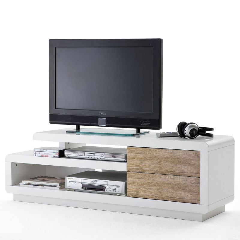 MCA rack TV Cosima, table basse de télévision avec tiroirs, poli fin, blanc, 45x142x40cm - chêne