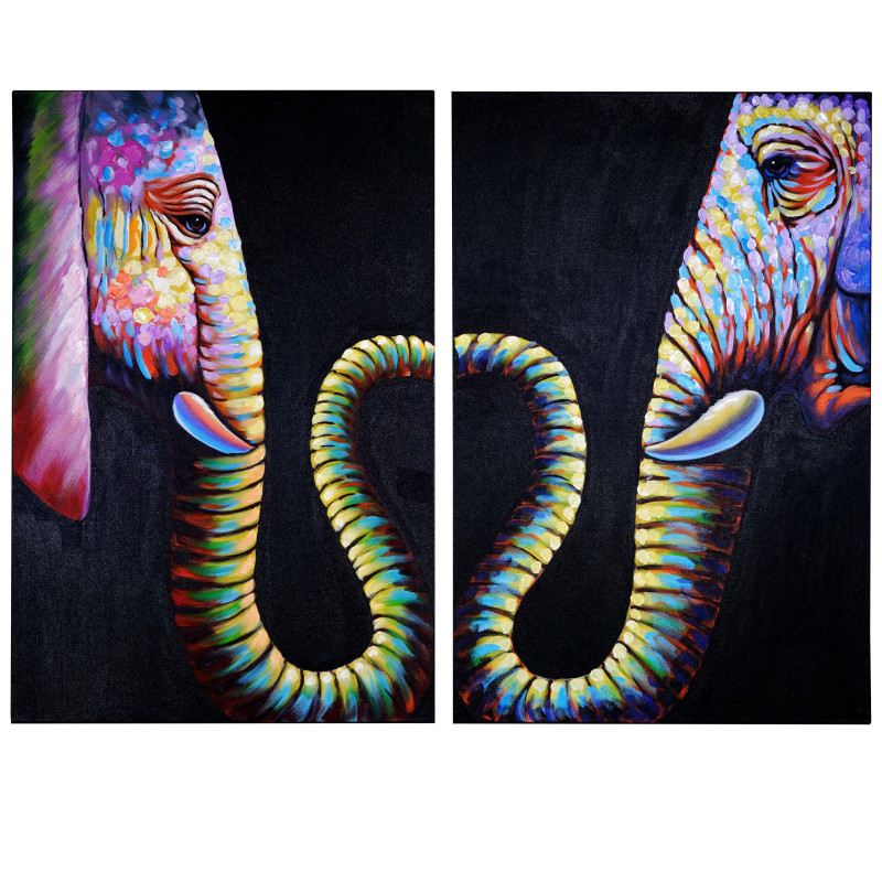 Tableau à l'huile 2x éléphant, peint à la main à 100%, toile de décoration murale XL - 120x90cm