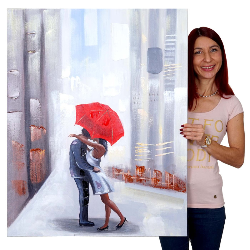 Tableau à l'huile, couple, peint à la main à 100%, toile de décoration murale XL - 100x80cm
