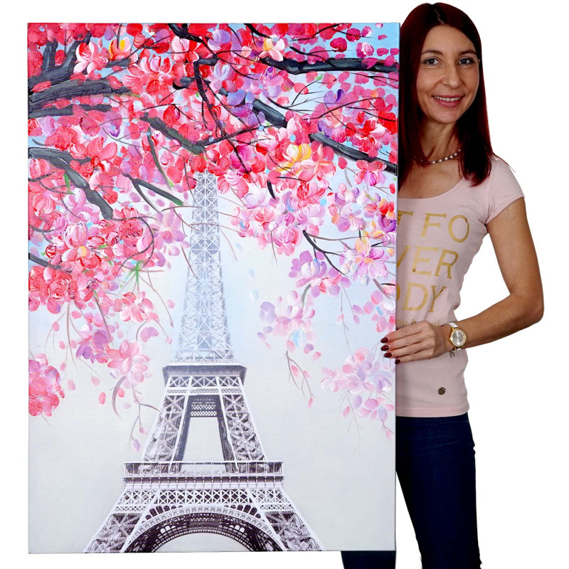 Tableau à l'huile, Tour Eiffel, peint à la main à 100%, toile de décoration murale XL - 100x70cm