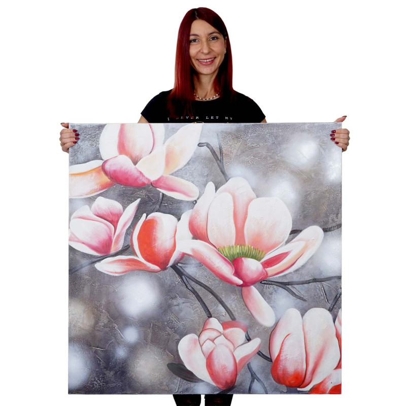 Tableau à l'huile, rameau de fleurs, peint à la main à 100%, toile de décoration murale XL - 90x90cm