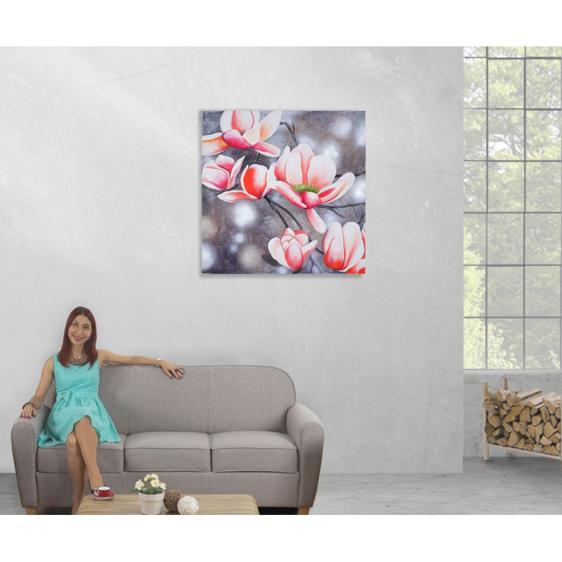 Tableau à l'huile, rameau de fleurs, peint à la main à 100%, toile de décoration murale XL - 90x90cm