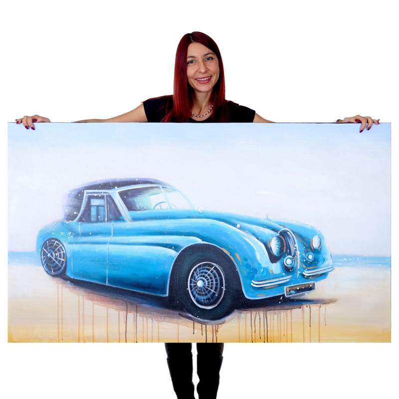 Tableau à l'huile, voiture ancienne, peint à la main à 100%, toile de décoration murale XL - 140x80cm