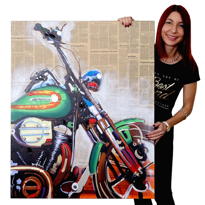 Tableau à l'huile, moto, peint à la main à 100%, toile de décoration murale XL - 100x80cm