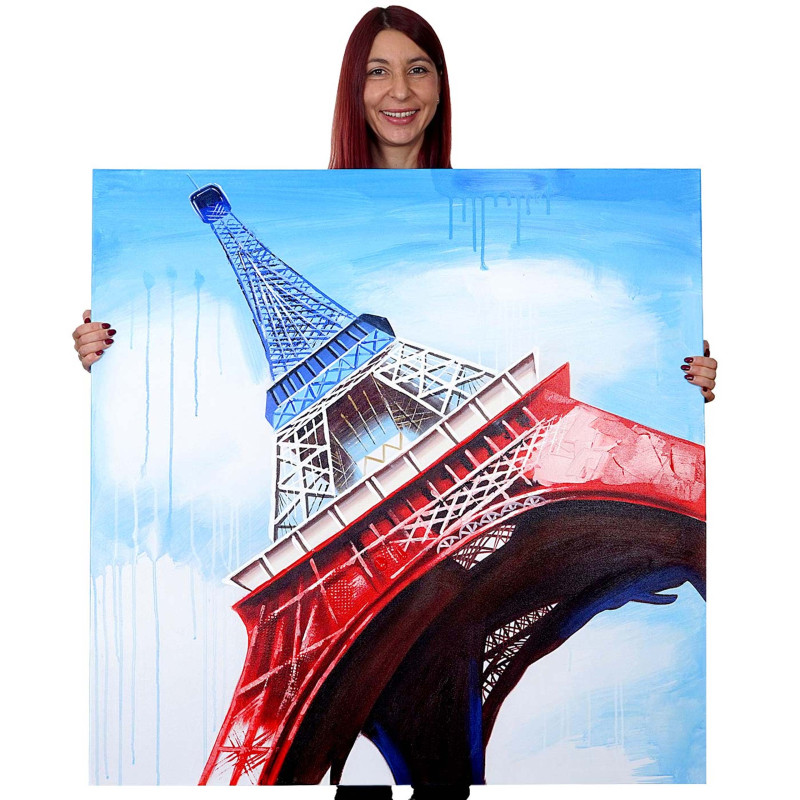 Tableau à l'huile, Tour Eiffel tricolore, peint à la main à 100%, toile de décoration murale XL - 100x100cm