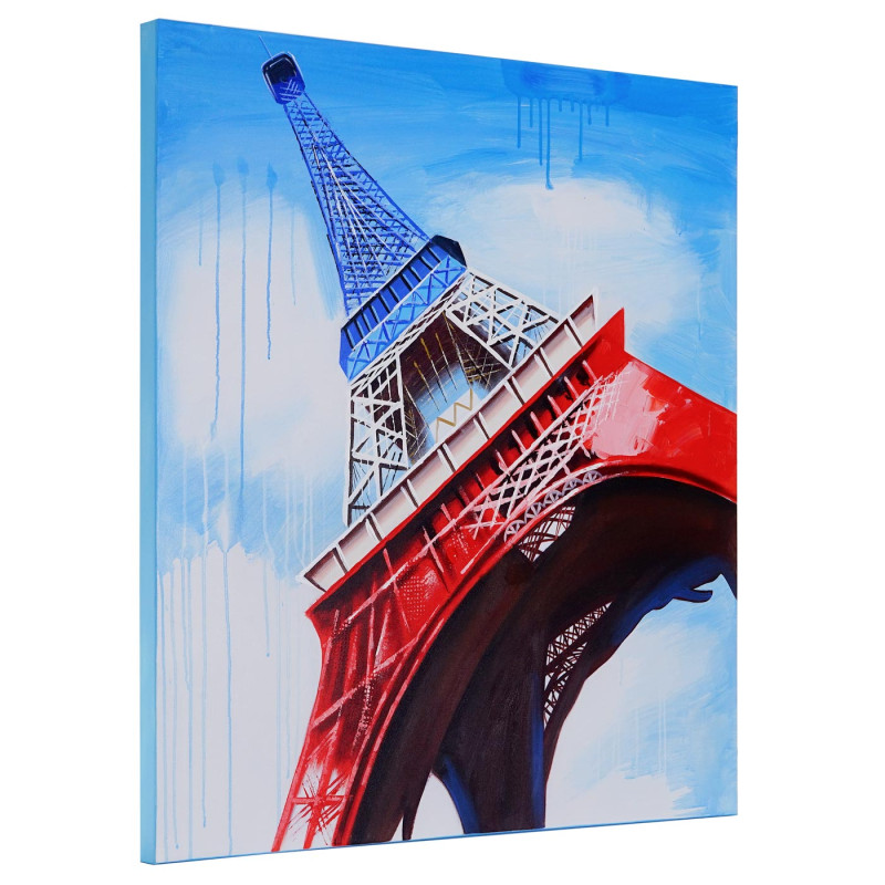 Tableau à l'huile, Tour Eiffel tricolore, peint à la main à 100%, toile de décoration murale XL - 100x100cm