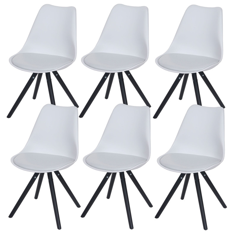 6x chaise de séjour/salle à manger Malmö T501 / design rétro - blanc, siège similicuir blanc, pieds foncés