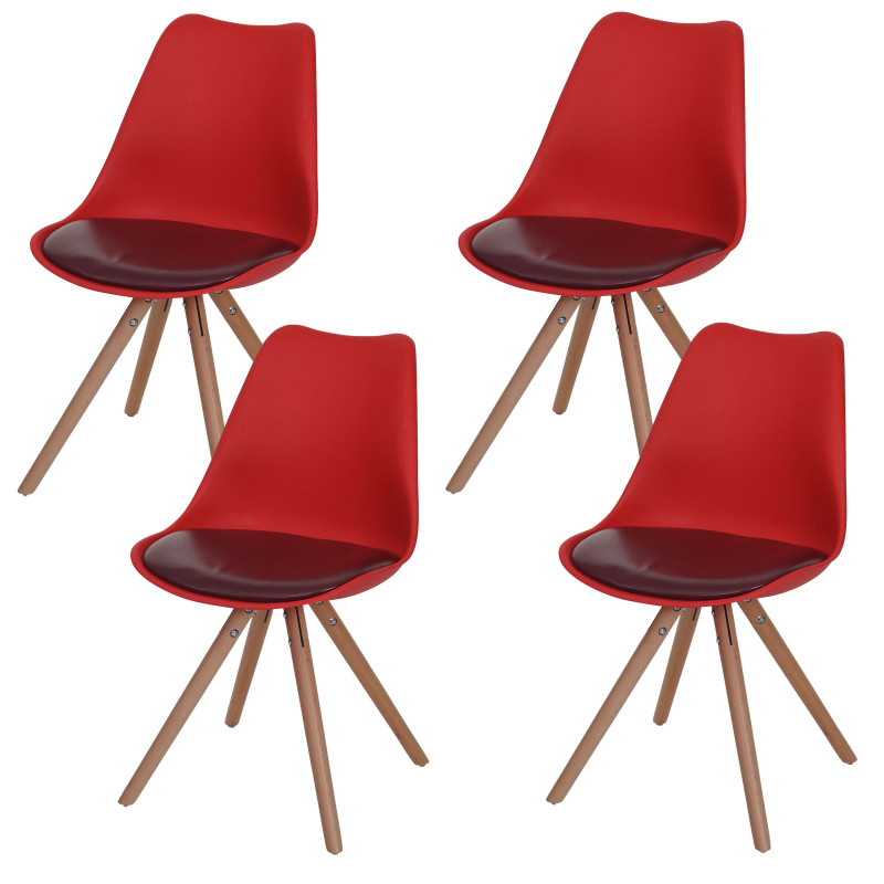 4x chaise de séjour/salle à manger Malmö T501 / design rétro - rouge, siège similicuir rouge, pieds clairs