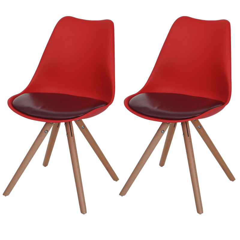 2x chaise de séjour/salle à manger Malmö T501 / design rétro - rouge, siège similicuir rouge, pieds clairs