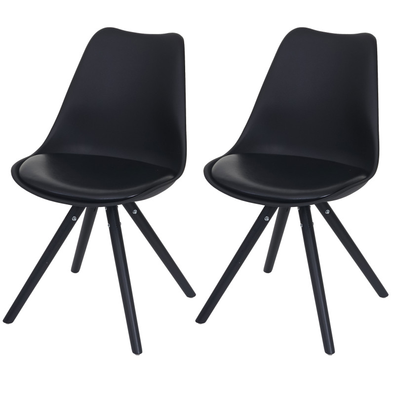 2x chaise de séjour/salle à manger Malmö T501 / design rétro - noir, siège similicuir noir, pieds foncés