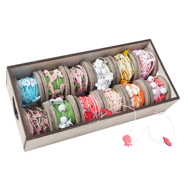 Box de décoration, bandes de décoration, boîte à ficelles, motif bois, 12 galets à 7,5 cm