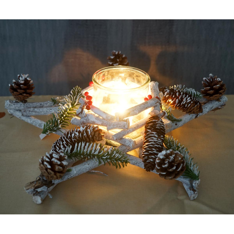 Couronne de l'Avent étoile, décoration de Noël, avec verre de bougie, bois, 40x40x12cm, blanc/gris