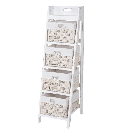 Étagère échelle Goiana, Étagère sur pied avec 4 tiroirs en osier 101x30cm, style shabby, vintage - blanc