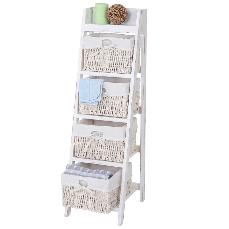 Étagère échelle Goiana, Étagère sur pied avec 4 tiroirs en osier 101x30cm, style shabby, vintage - blanc