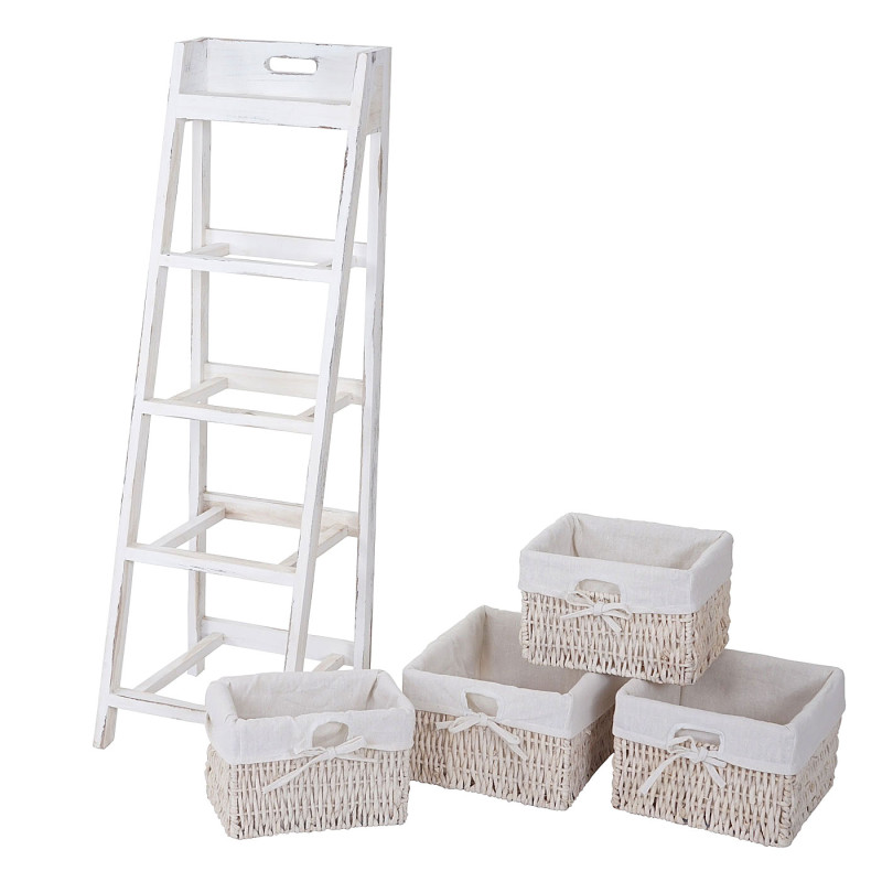 Étagère échelle Goiana, Étagère sur pied avec 4 tiroirs en osier 101x30cm, style shabby, vintage - blanc