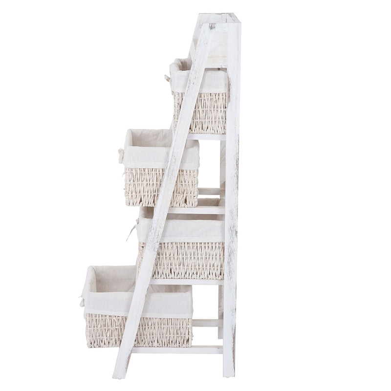 Étagère échelle Goiana, Étagère sur pied avec 4 tiroirs en osier 101x30cm, style shabby, vintage - blanc